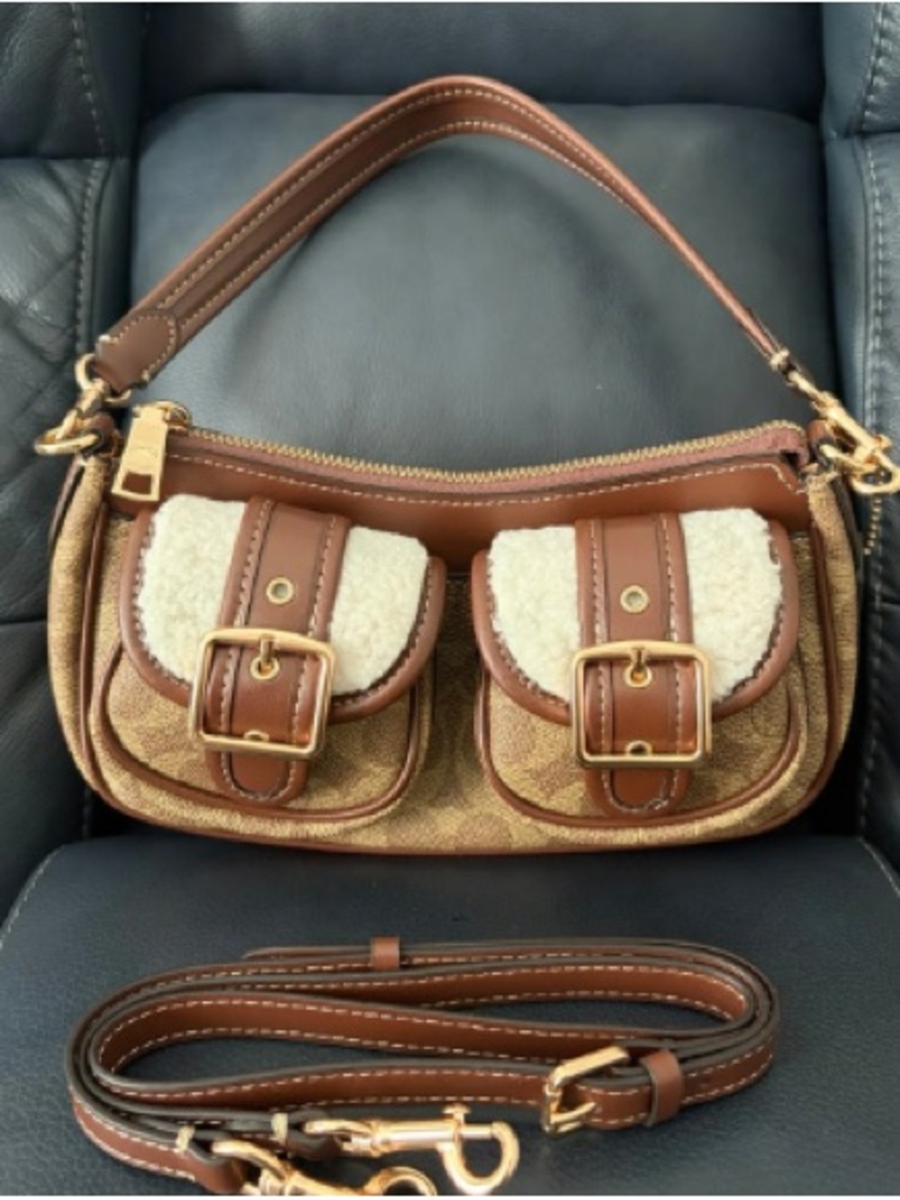 Coach Brown Shearling-Trim Convertible Shoulder Bag